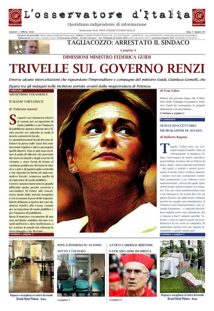 L'osservatore d'Italia edizione del 1 Aprile 2016